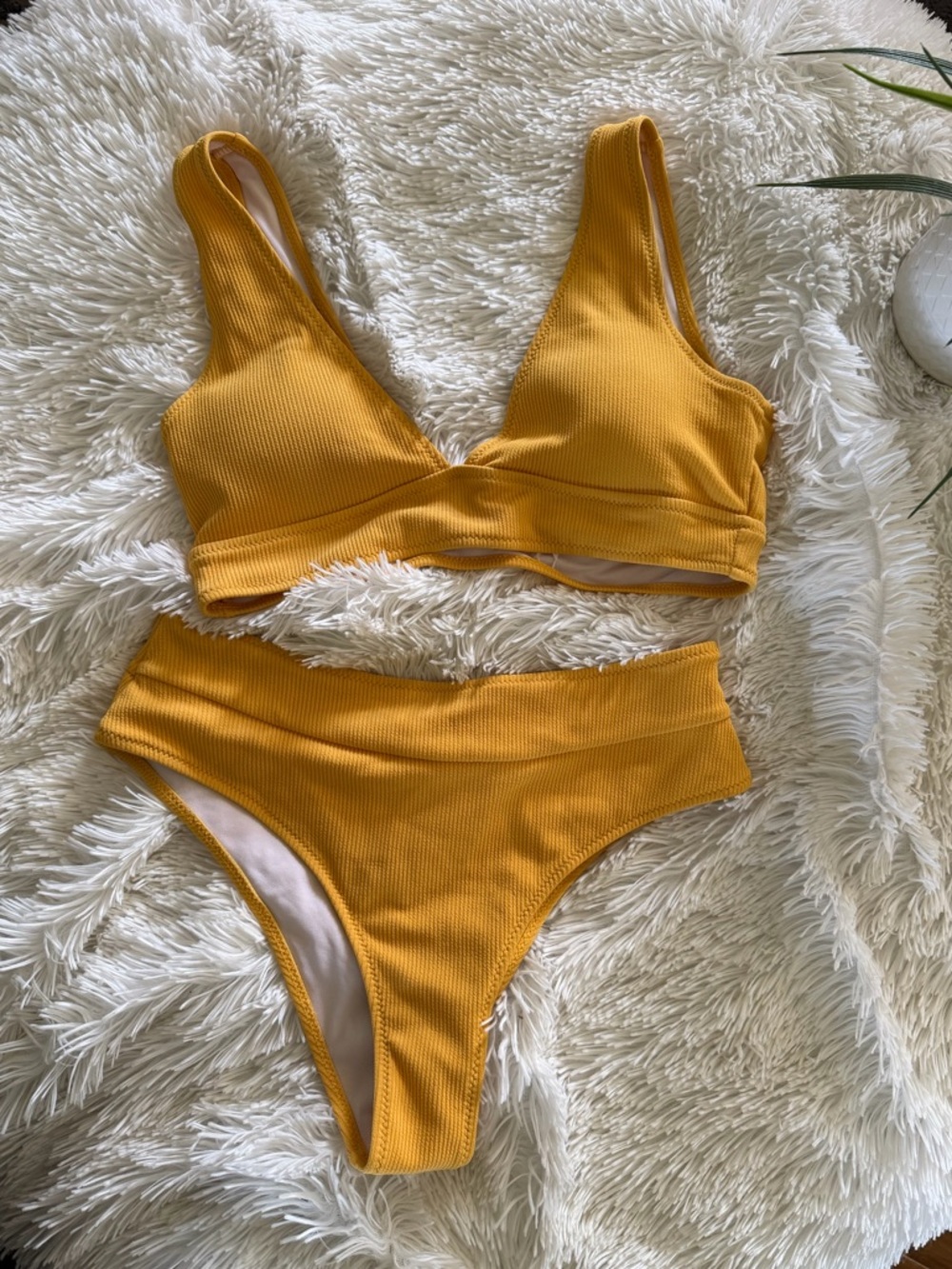 SHEIN Mustard Yellow Ribbed Two-Piece Bikini
